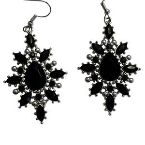 Ornate pierced earrings drop dangle silvertone & black faceted rhinestone drama